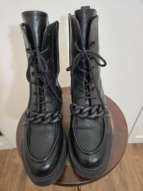 ATELIERS Made in Italy Black Leather Platform Combat Chain Boots Sz 39